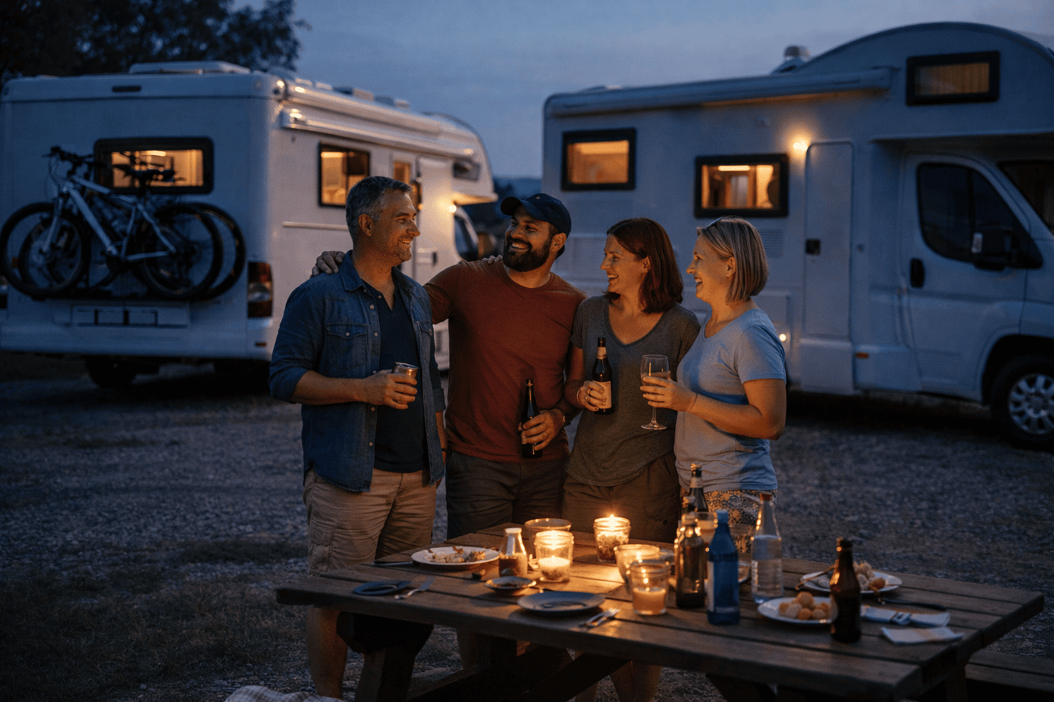 Due coppie di camperisti che brindano insieme di notte con i camper illuminati sullo sfondo