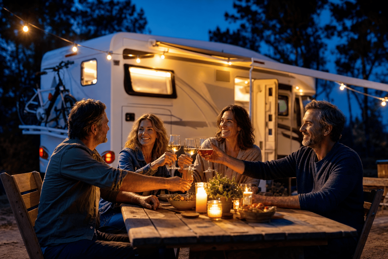 Due coppie di camperisti che brindano insieme di notte con i camper illuminati sullo sfondo