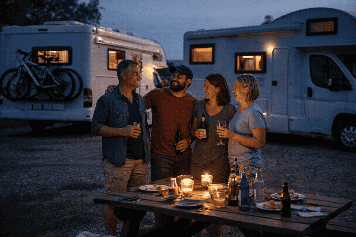 Deux couples de camping-caristes qui trinquent ensemble la nuit, avec leurs camping-cars illuminés en arrière-plan.