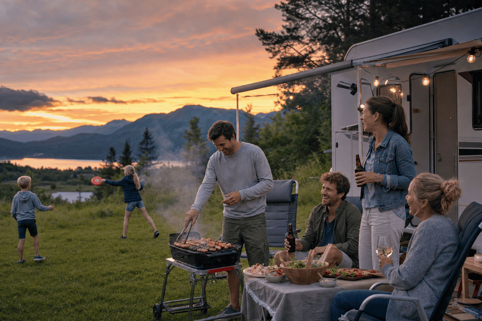 Famiglie camperiste che cenano e giocano insieme davanti al camper al tramonto