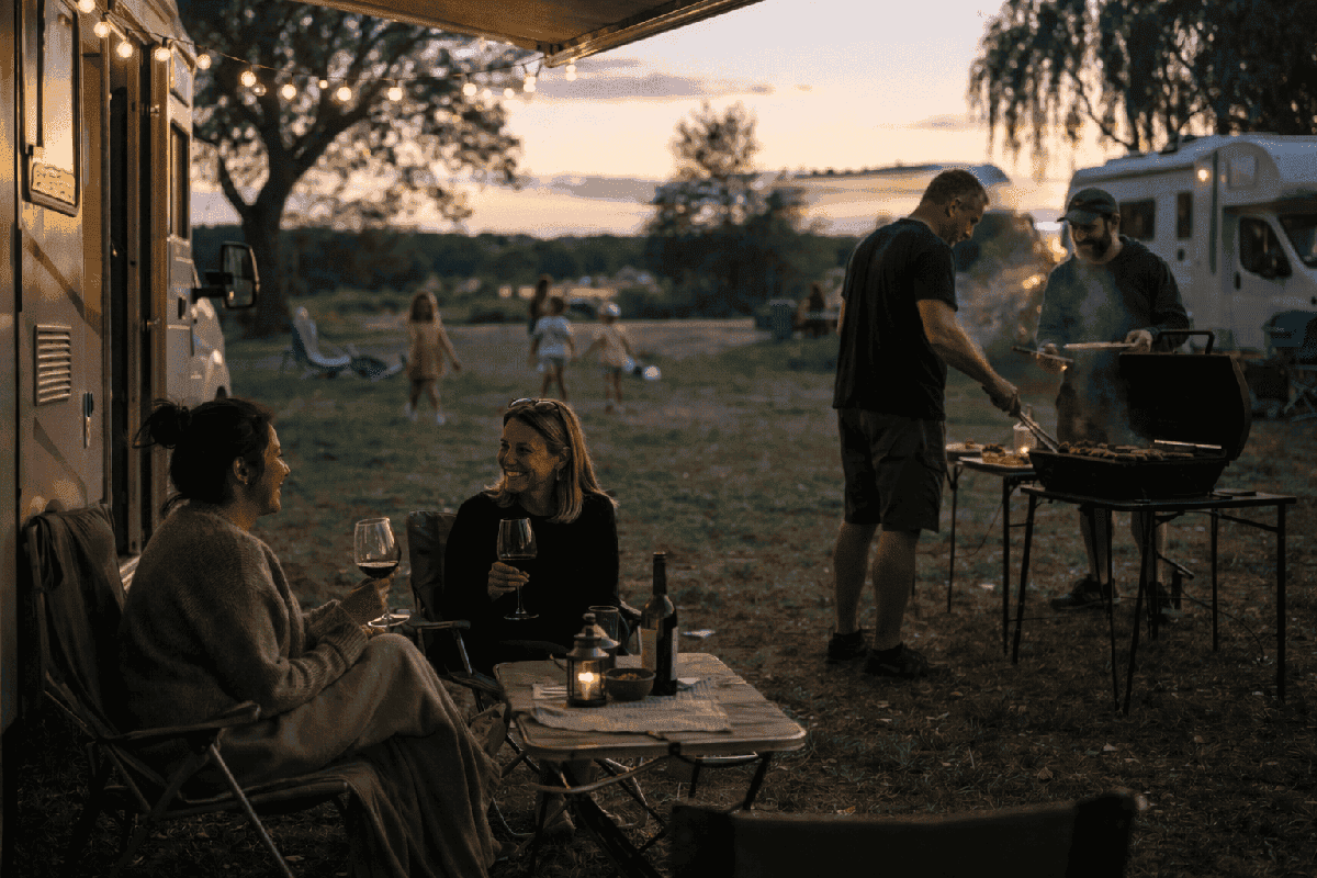 Groupe de camping-caristes avec des enfants qui font la fête autour d'un barbecue au coucher du soleil, deux camping-cars en arrière-plan.