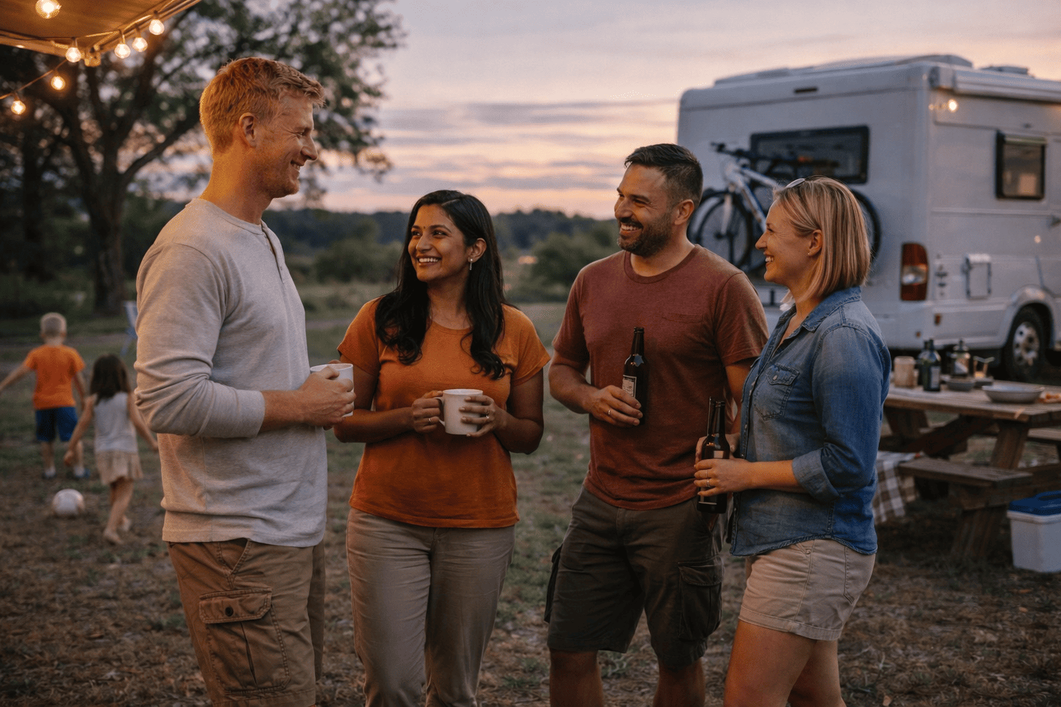 Quattro camperisti di due famiglie che ridono e si conoscono davanti al camper al tramonto