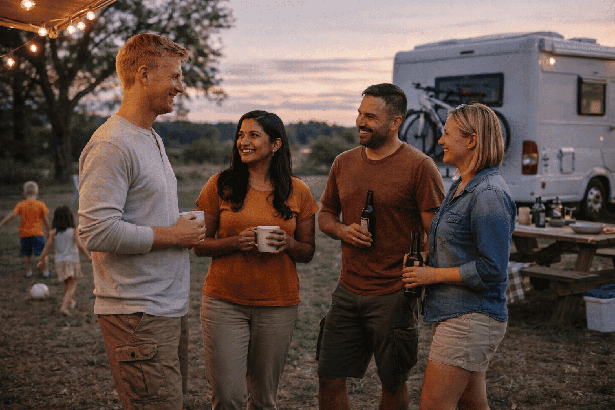 Quatre camping-caristes de deux familles qui rient et se connaissent devant le camping-car au coucher du soleil.