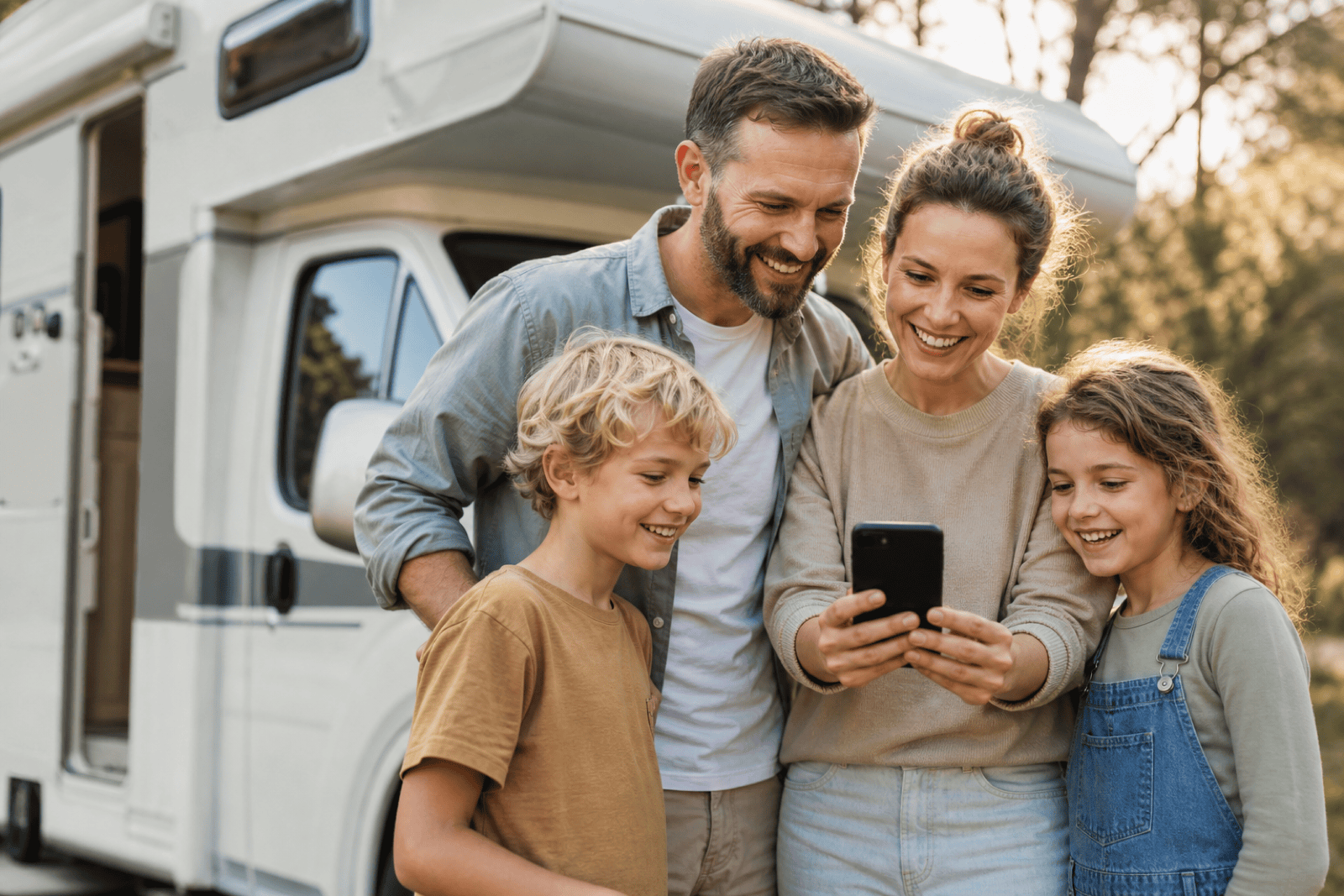 Famiglia camperista che scopre match affini sull'app mitcamper in sosta