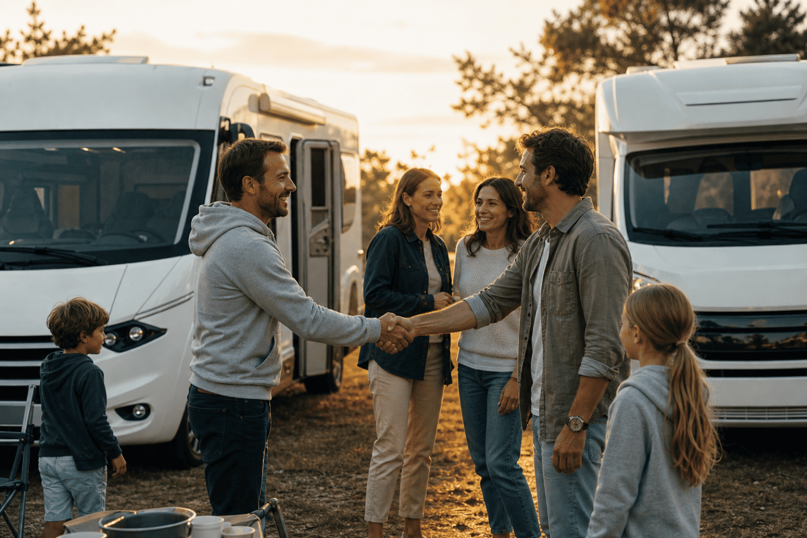 Due famiglie camperiste che si incontrano e si stringono la mano in sosta al tramonto