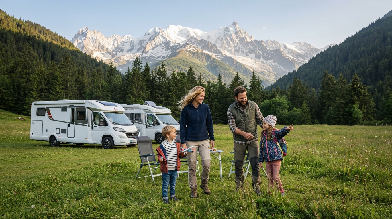 Famiglie camperiste in viaggio in un paesaggio alpino europeo durante una sosta panoramica