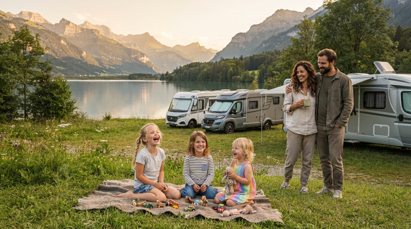 Due famiglie camperiste in sosta mentre i bambini giocano felici insieme davanti ai camper