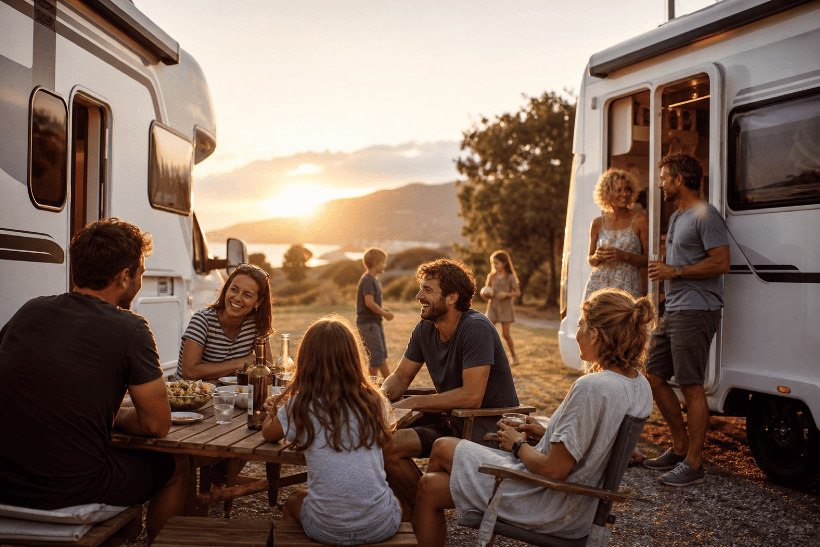 Gruppo di famiglie camperiste riunite in sosta al tramonto tra i camper